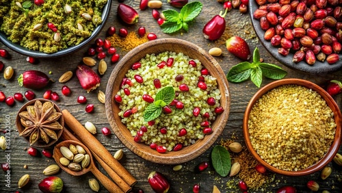 An aesthetically pleasing flat lay of Dukkah spice blend with pistachios, toasted nuts, and pomegranate seeds photo