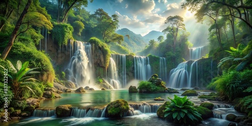 Epic dreamlike fantasy landscape of a waterfall in lush jungle forest photo