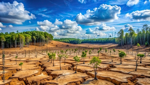 Deforested landscape with barren trees and eroded soil depicting consequences of habitat loss , deforestation, barren, trees, eroded, soil, landscape, consequences, habitat loss photo