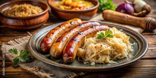 Bavarian fried sausages on a rustic plate with sauerkraut and mustard
