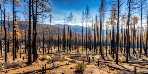A stark landscape of burnt down trees in a forest ravaged by fire photo
