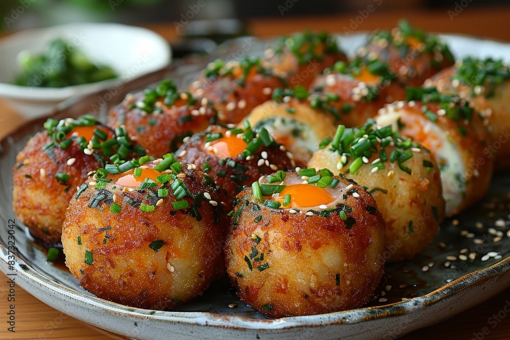 Korokke - Japanese croquettes filled with meat or vegetables, breaded and fried. Korokke - Japanese croquettes filled with meat or vegetables, breaded and fried.