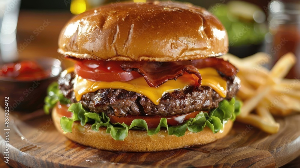 Burger Perfection A juicy grilled beef burger with melted cheese, lettuce, tomato, and a toasted bun, with condiments on the side Burger Perfection A juicy grilled beef burger with melted cheese, lettuce, tomato, and a toasted bun, with condiments on the side