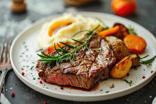 Gourmet Presentation A beautifully plated grilled beef dish with sides like roasted vegetables, mashed potatoes, and a sprig of rosemary