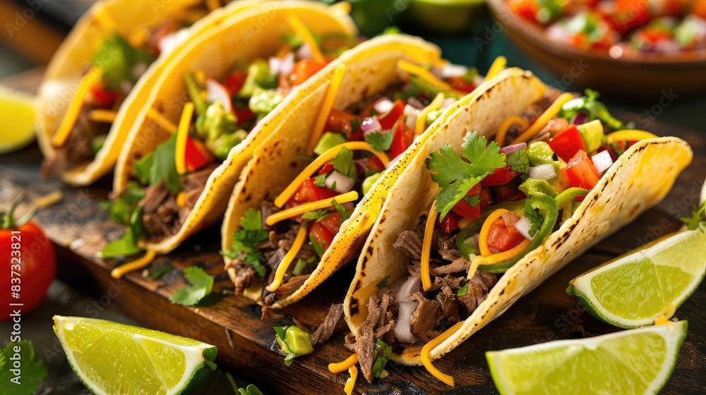 Beef Tacos Grilled beef strips in soft tacos with fresh salsa, guacamole, and lime wedges Beef Tacos Grilled beef strips in soft tacos with fresh salsa, guacamole, and lime wedges