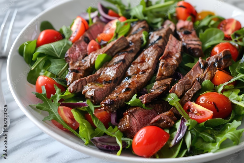 Healthy Grilled Beef Salad A vibrant salad with grilled beef strips, mixed greens, cherry tomatoes, and a balsamic glaze Healthy Grilled Beef Salad A vibrant salad with grilled beef strips, mixed greens, cherry tomatoes, and a balsamic glaze