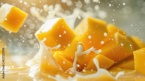 Mango Madness Mango cubes hitting the milk, with the yelloworange color providing a tropical vibe photo