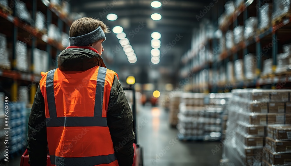 Worker overlooking warehouse aisle Worker overlooking warehouse aisle
