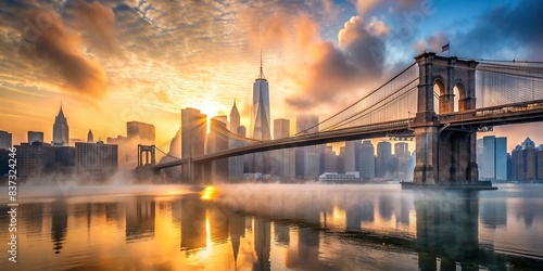 Dramatic view of Brooklyn Bridge at foggy sunrise with partially obscured city skyline