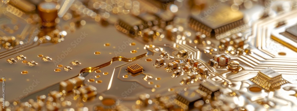 Banner of Close-up of a new generation phone motherboard. Engraved golden apple. Banner of Close-up of a new generation phone motherboard. Engraved golden apple.