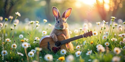 Cute bunny playing guitar in a blooming meadow, bunny, guitar, meadow, music, adorable, cute, animal, nature, outdoor, wildlife, grass, field, strings, musician, furry, ears, playful