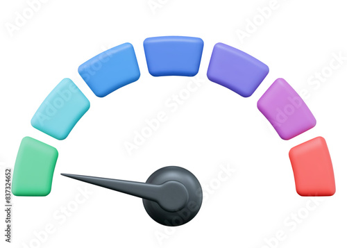 3d speedometer icon. Low speed status. Scale score of speed, levels, meter, tachometer performance and rating. Stock vector illustration on isolated background.