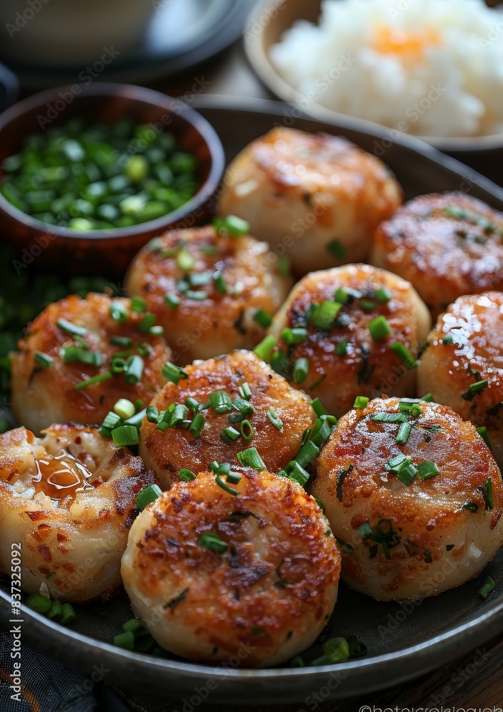 Korokke - Japanese croquettes filled with meat or vegetables, breaded and fried. Korokke - Japanese croquettes filled with meat or vegetables, breaded and fried.