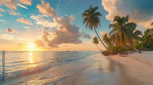 Beach With Palm Trees and Setting Sun