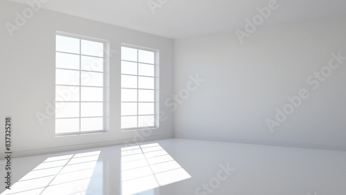 Architectural background. Empty room. Large window inside apartment. Empty room with white walls. Architectural white box concept. Architectural backdrop. Empty apartment with window. 3d image © Grispb