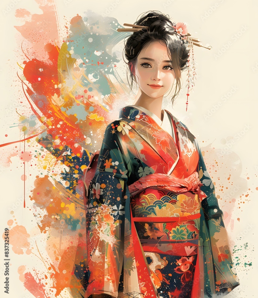 An illustration of a beautiful Japanese woman in a kimono with a colorful background An illustration of a beautiful Japanese woman in a kimono with a colorful background