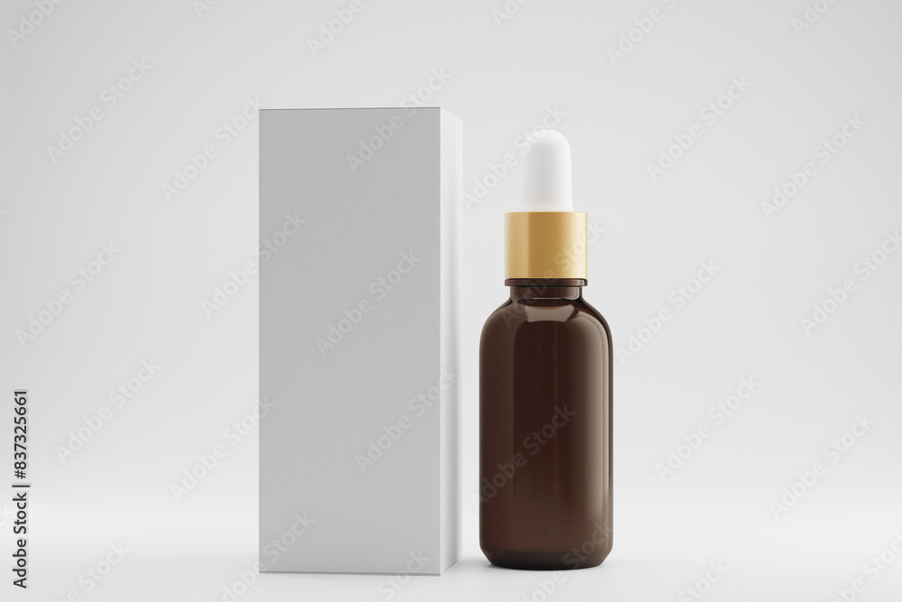 3d illustration of a dropper bottle on white background, studio lighting setup, mockup for product presentation.
