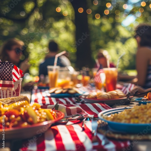 Picnic table with American flag decorations, food, and drinks during an outdoor celebration. Fourth of July gathering concept