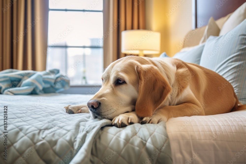 Golden retriever resting on a cozy bed in a sunlit room Golden retriever resting on a cozy bed in a sunlit room