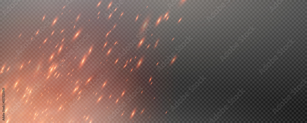 Burning hot sparks effect with embers burning ash and smoke flying in the air. Burning glowing particles. Flame of fire with sparks isolated on a black transparent background. Flame png.