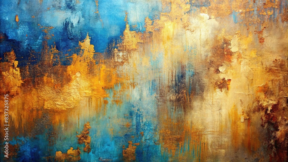 Blue, gold, beige, orange, and brown avant-garde abstract oil texture background on canvas