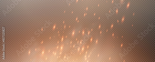Burning hot sparks effect with embers burning ash and smoke flying in the air. Burning glowing particles. Flame of fire with sparks isolated on a black transparent background. Flame png.