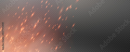 Burning hot sparks effect with embers burning ash and smoke flying in the air. Burning glowing particles. Flame of fire with sparks isolated on a black transparent background. Flame png.