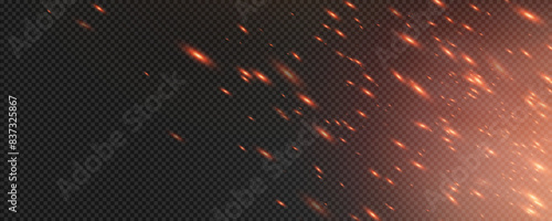 Burning hot sparks effect with embers burning ash and smoke flying in the air. Burning glowing particles. Flame of fire with sparks isolated on a black transparent background. Flame png.