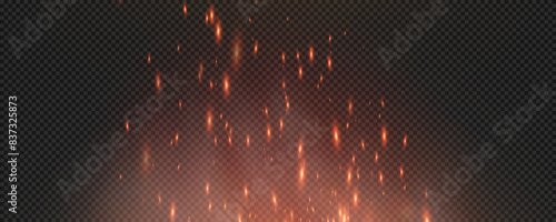 Burning hot sparks effect with embers burning ash and smoke flying in the air. Burning glowing particles. Flame of fire with sparks isolated on a black transparent background. Flame png.