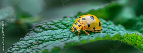 Banner of Natural close up macro image of a yellow 22 Spot Ladybird , Psyllobora vigintiduopunctata, sitting on a green leaf photo