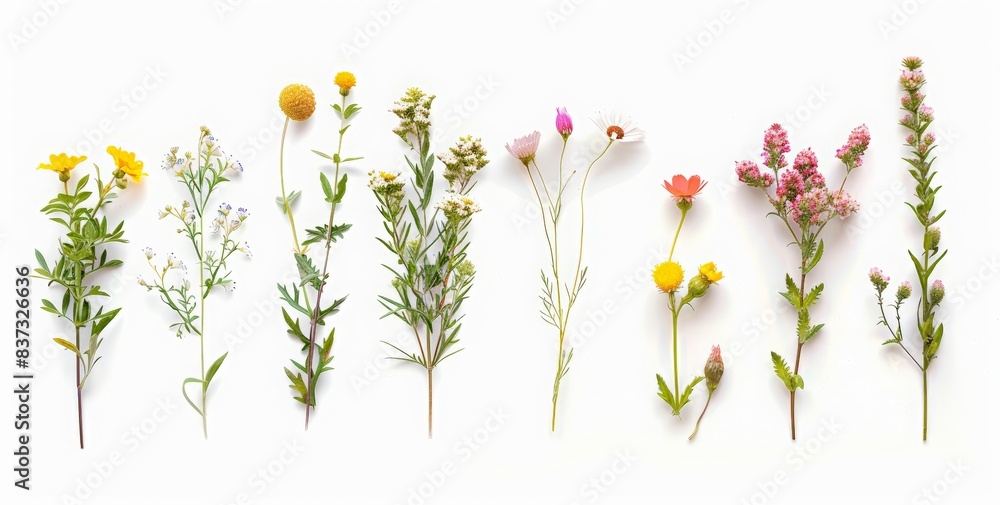 various wild flowers, top view, isolated on white background. A set of wildflowers. White clover, violet and yellow spring flower heads, meadow grasses and leaves in a natural composition various wild flowers, top view, isolated on white background. A set of wildflowers. White clover, violet and yellow spring flower heads, meadow grasses and leaves in a natural composition