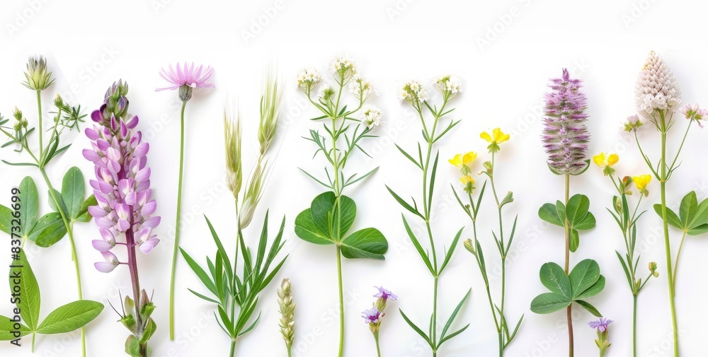 various wild flowers, top view, isolated on white background. A set of wildflowers. White clover, violet and yellow spring flower heads, meadow grasses and leaves in a natural composition