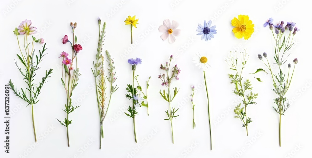 various wild flowers, top view, isolated on white background. A set of wildflowers. White clover, violet and yellow spring flower heads, meadow grasses and leaves in a natural composition various wild flowers, top view, isolated on white background. A set of wildflowers. White clover, violet and yellow spring flower heads, meadow grasses and leaves in a natural composition