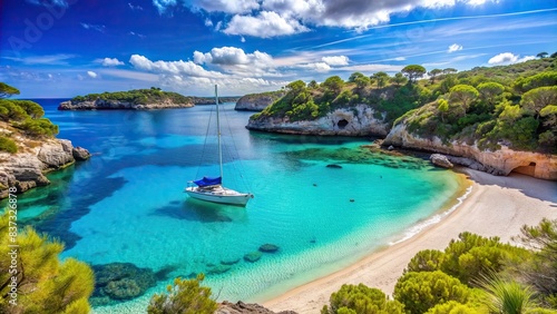 Beautiful white sand beach with a sailing boat yacht anchored off the coast of Menorca Island, Spain , beach, sailing boat, yacht, Menorca, Spain, white sand, coast, water, blue sky