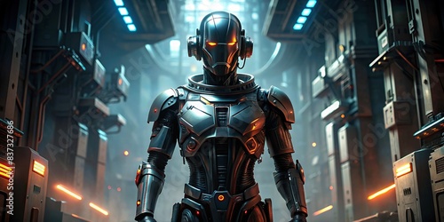 Dark and futuristic robot standing in a mysterious setting , robot, AI, technology, futuristic, dark background, synthetic, artificial intelligence, machine learning, robotics, cybernetic