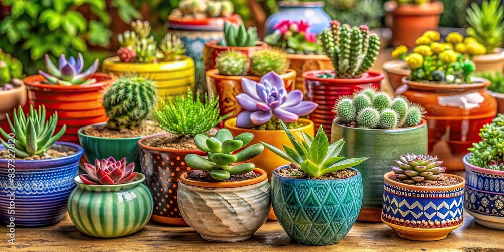 Beautiful collection of assorted plants in colorful ceramic pots on background