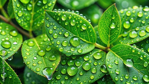 Close-up of green leaves with water droplets, creating a serene nature background photo