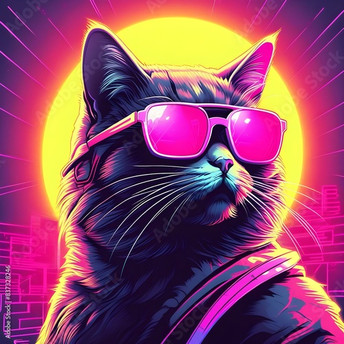 epic cyberpumk cat neon retro wave style. © MUmar