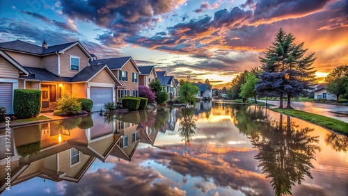 Post-storm twilight flooding in a suburban neighborhood photo