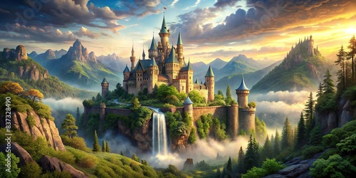 Fantasy land with a majestic castle surrounded by lush nature