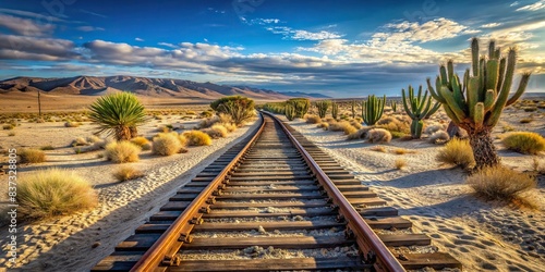 Desolate abandoned train track in the western desert, surrounded by cacti and sand