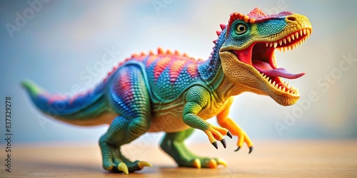 Colorful plastic dinosaur toy with mouth wide open