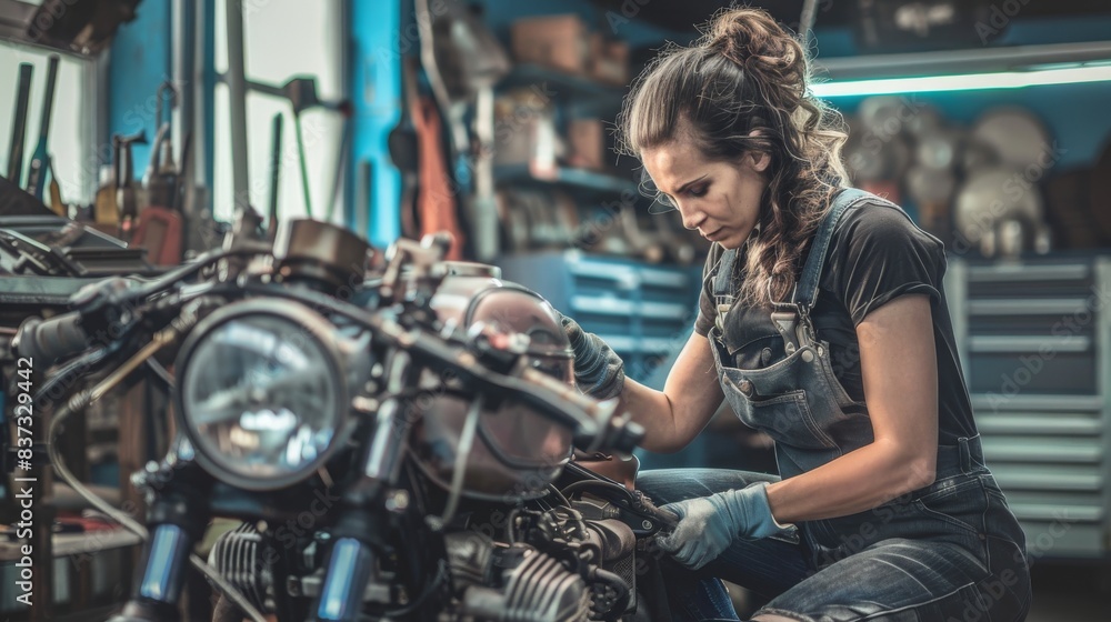 Female mechanic intensely focused on repairing a motorcycle in a workshop, representing skill, dedication, and technical expertise. Concept of women in trades, engineering, and mechanical work. Female mechanic intensely focused on repairing a motorcycle in a workshop, representing skill, dedication, and technical expertise. Concept of women in trades, engineering, and mechanical work.