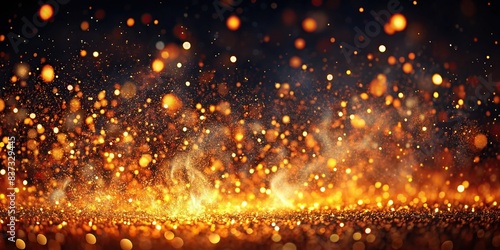 Abstract background of fire embers particles over black background with glittering lights photo