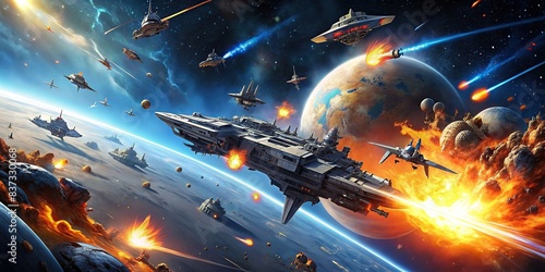 An epic intergalactic war simulation with AI-controlled spaceships and planets being destroyed photo
