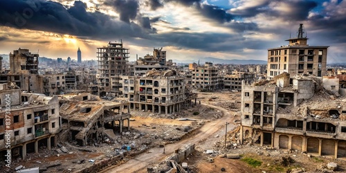 A desolate, war-torn cityscape with abandoned buildings and remnants of destruction photo