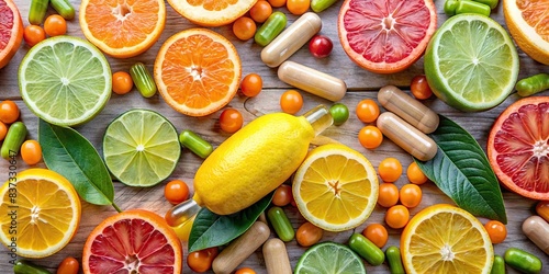 Flat lay of vitamin supplements surrounded by fresh citrus fruits photo