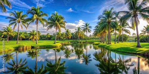 A beautiful palm tree-lined pond in a green grassy field