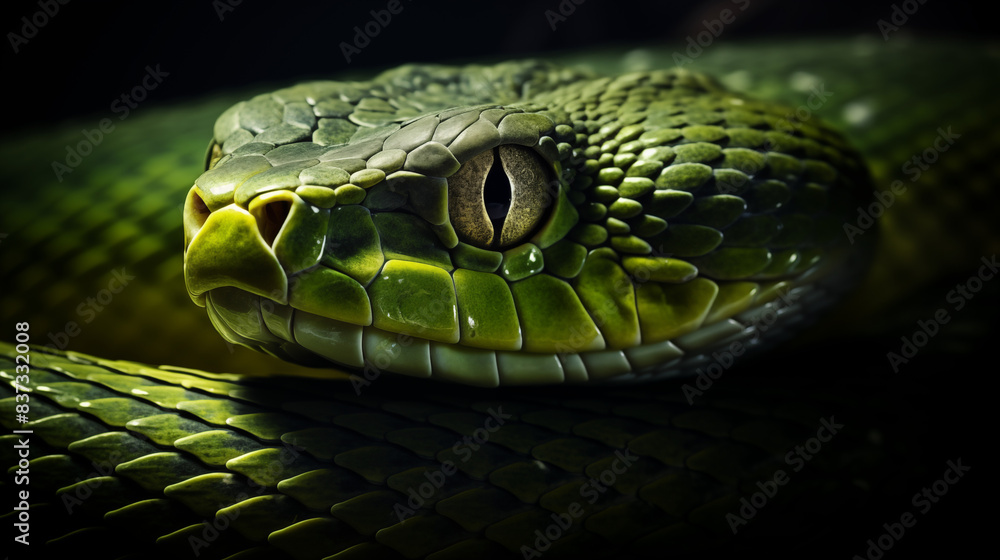Fototapeta premium Green snake face close up on black background 