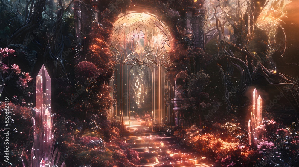 Ornate crystal gate with magical patterns, leading to another dimension Ornate crystal gate with magical patterns, leading to another dimension